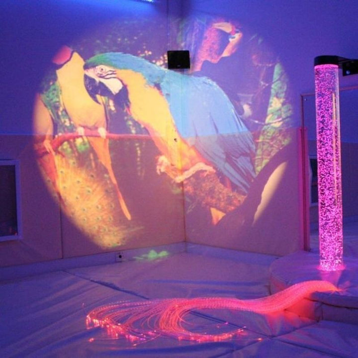 OPTIKinetics Solar 100 LED projector in a multi-sensory room environment alongside a light tube and fibre optic, showing the projector as part of a complete sensory room setup