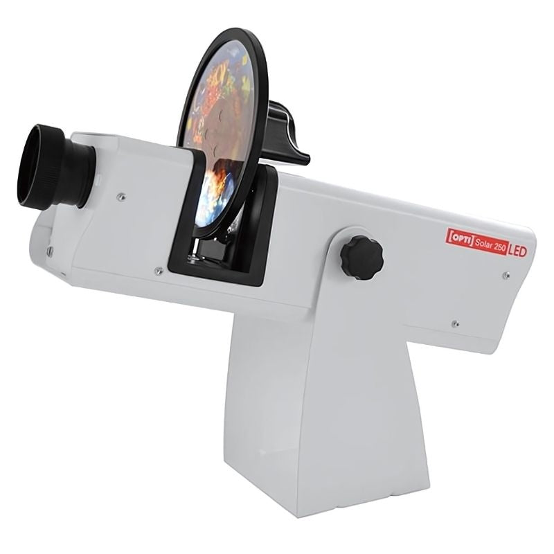 OPTIKinetics Solar 250 LED effects projector with 85mm lens, clean side view showing the compact body of this bright 40W sensory room projector for classrooms and therapy spaces