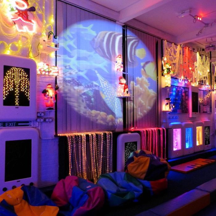 OPTIKinetics Solar 250 LED projector showing a fish picture effect wheel projection, ideal for visual stimulation and calming sensory environments in classrooms and clinics