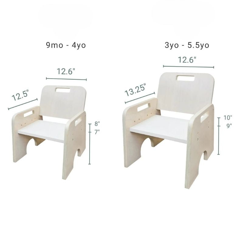 Sapiens Child Papaya Double Montessori Chair Set dimension display showing the small chair adjusting 7 to 8 inches and large chair adjusting 9 to 10 inches seat height for siblings of different sizes