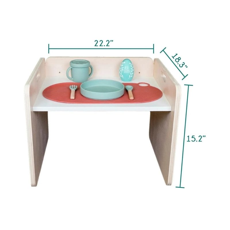 Sapiens Child Papaya Set Montessori table and chair dimension display showing the table adjustable heights of 12 and 13 inches and the 22.2 inch wide work surface of the Vancouver-made weaning table set