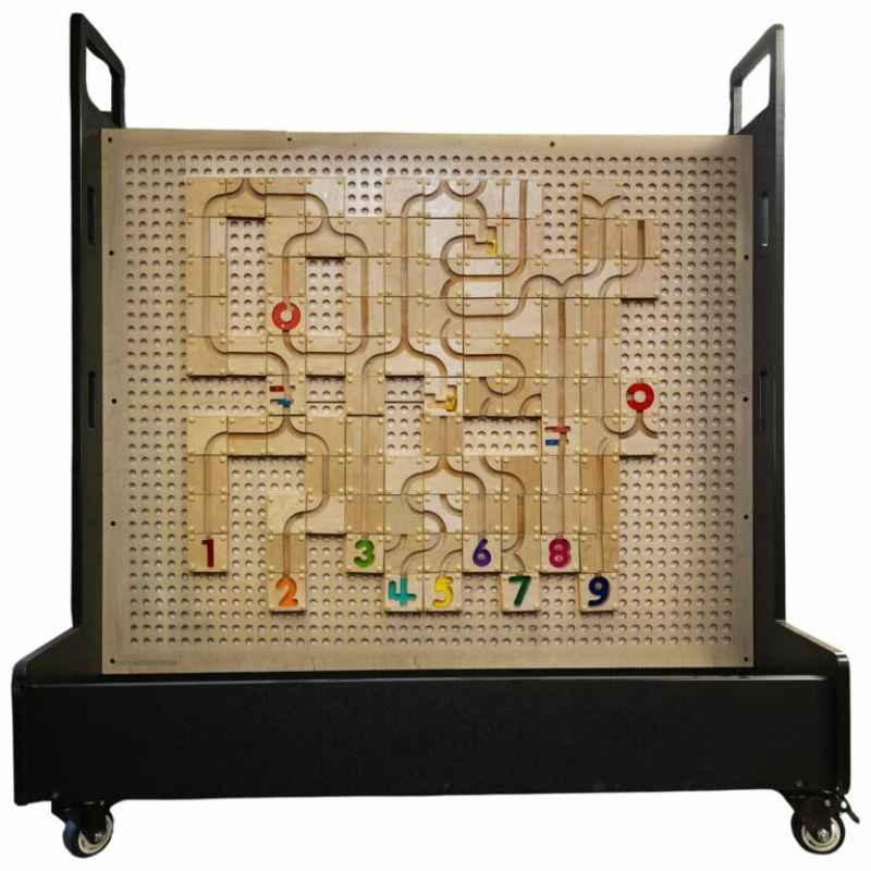 KidWorx Portable Playland Cart showing the wooden track game side, a portable STEM cart for schools and libraries