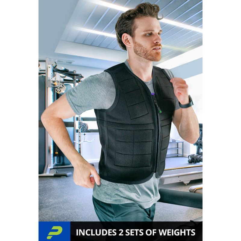 Close-up of an adult male wearing the Power WearHouse weighted vest during exercise, highlighting neoprene construction