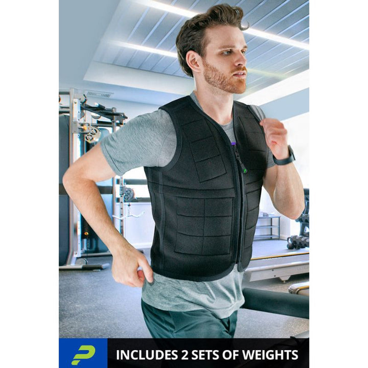 Close-up of an adult male wearing the Power WearHouse weighted vest during exercise, highlighting neoprene construction