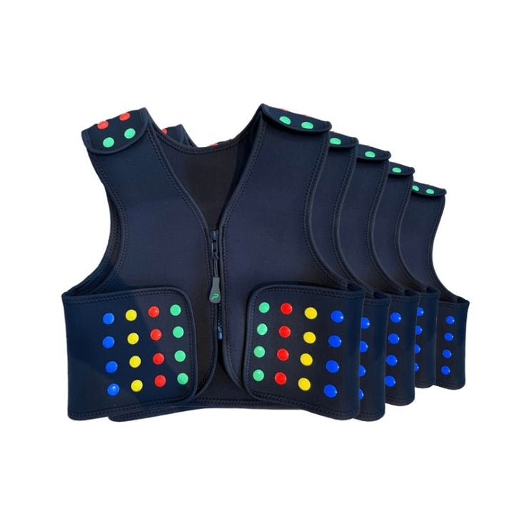 Power WearHouse ProPower Compression Vest for kids in clean front view showing neoprene construction and colour-coded compression straps, 5-vest bundle