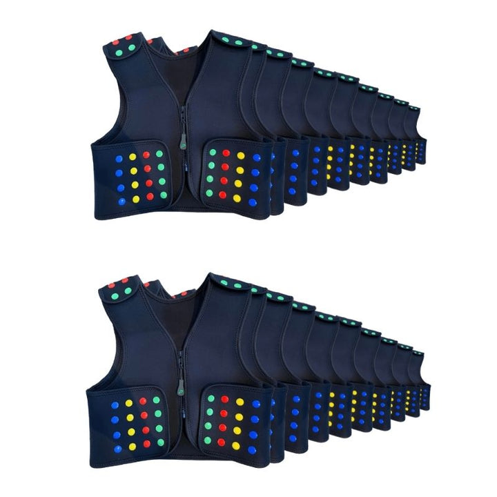 Power WearHouse ProPower Compression Vest for kids in clean front view showing colour-coded hook-and-loop compression guide for sensory regulation