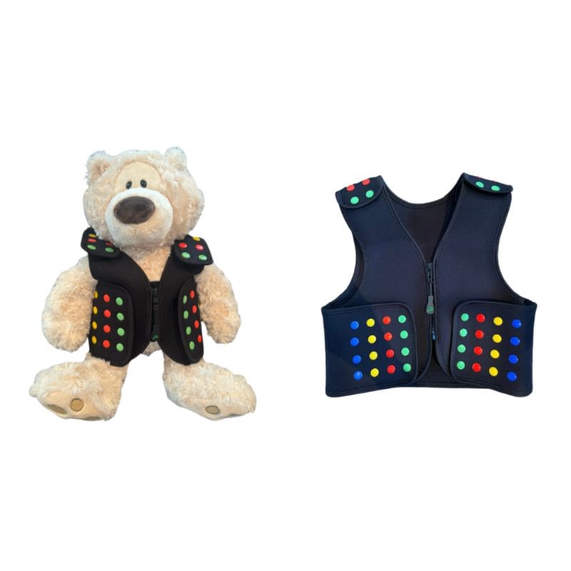 Power WearHouse ProPower Compression Vest and Comfort Bear bundle showing XS vest paired with the included therapeutic teddy bear companion