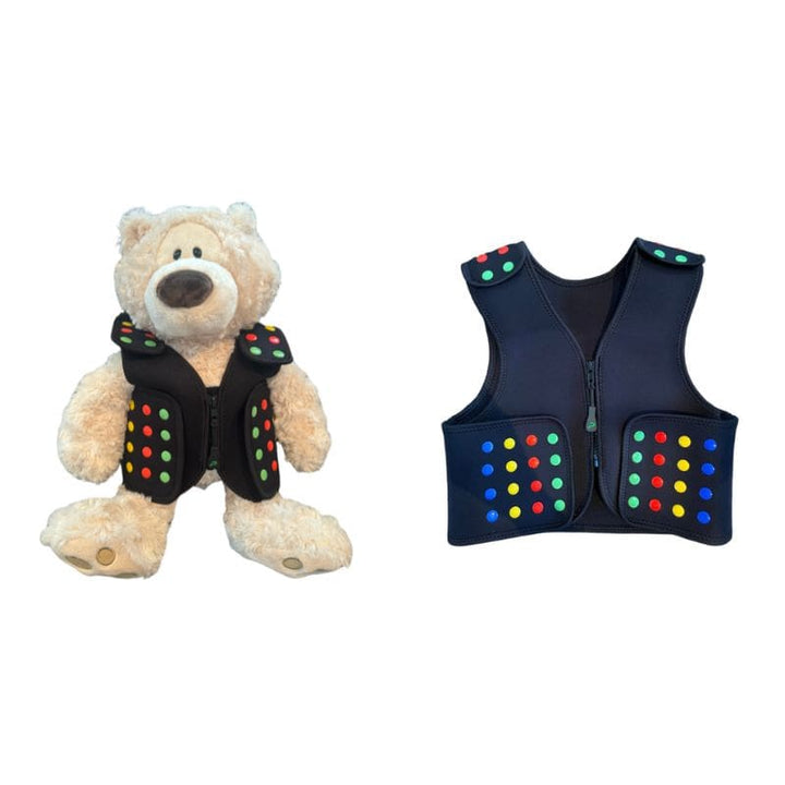 Power WearHouse ProPower Compression Vest and Comfort Bear bundle showing XS vest paired with the included therapeutic teddy bear companion