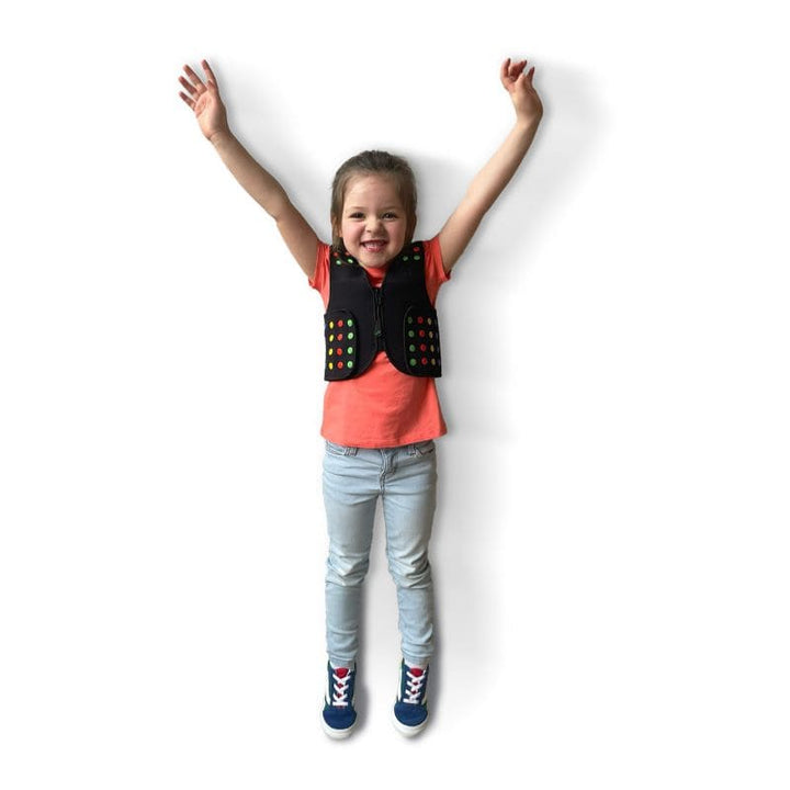 Child wearing Power WearHouse ProPower Compression Vest against white background showing full neoprene sensory vest design