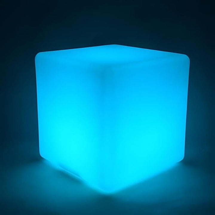 ROYLCO LED Colour Changing Light Cube in cyan light mode, showing the vibrant colour range of this rechargeable sensory LED cube for early childhood and occupational therapy settings