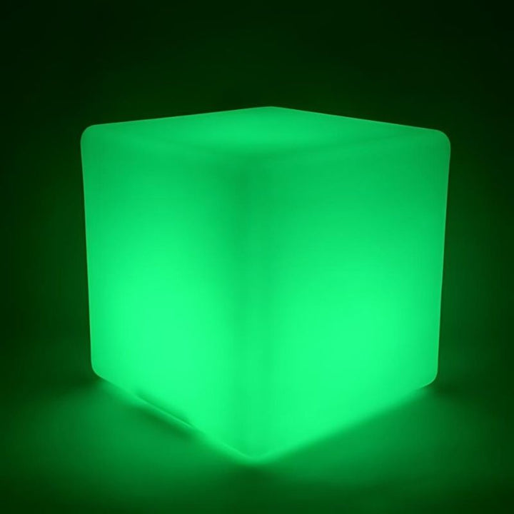 ROYLCO LED Colour Changing Light Cube glowing green, demonstrating one of 16 colour modes on the portable rechargeable sensory light cube for classroom and therapy use