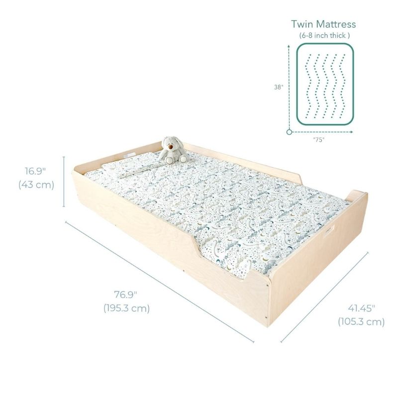 Dimension diagram for the Sapiens Child Apple Montessori floor bed with rails showing crib and twin size specifications including width, length, and height measurements