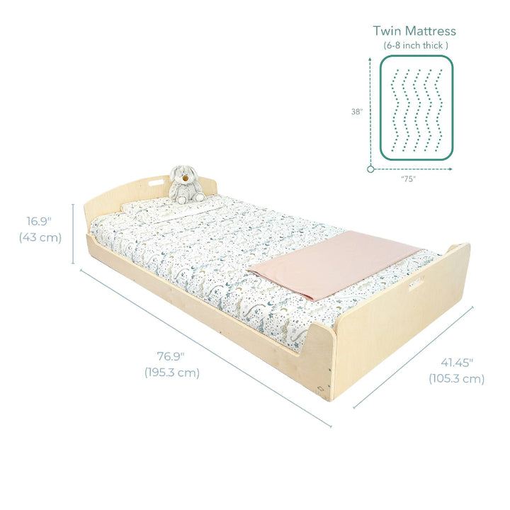 Dimension diagram for the Sapiens Child Cherry Montessori floor bed showing 41.45 inch width, 76.9 inch length, and 16.9 inch height of the shelf-free twin frame
