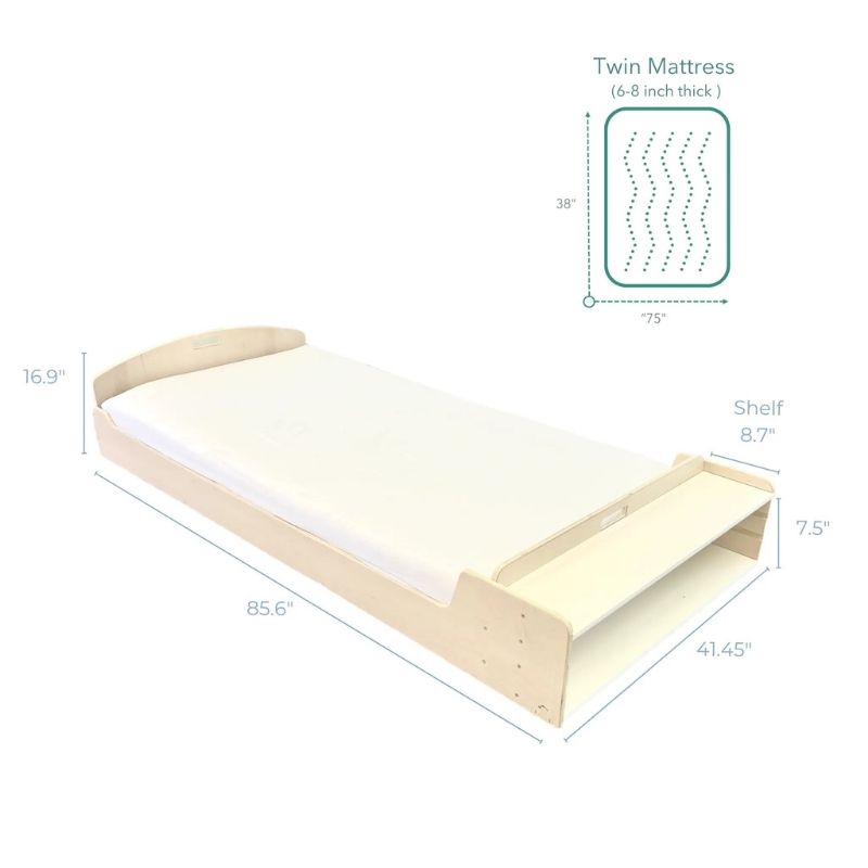 Dimension diagram for the Sapiens Child Cherry Twin Montessori floor bed showing 41.45 inch width, 76.9 inch length, and 16.9 inch height specifications
