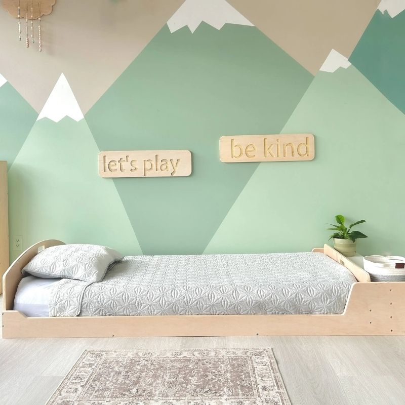 Sapiens Child Cherry Twin Montessori floor bed in a clean landscape view showing the open low-profile design and FSC-certified plywood construction made in Vancouver