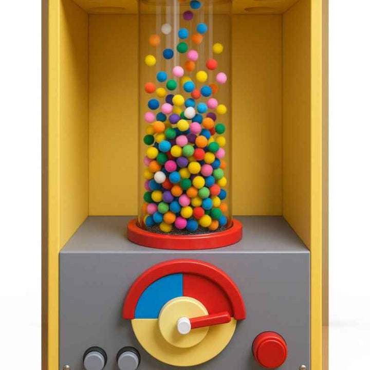 LiteZilla PomPom Cyclone sensory air tube filled with colourful swirling pom poms rising through a clear tube above a yellow control console