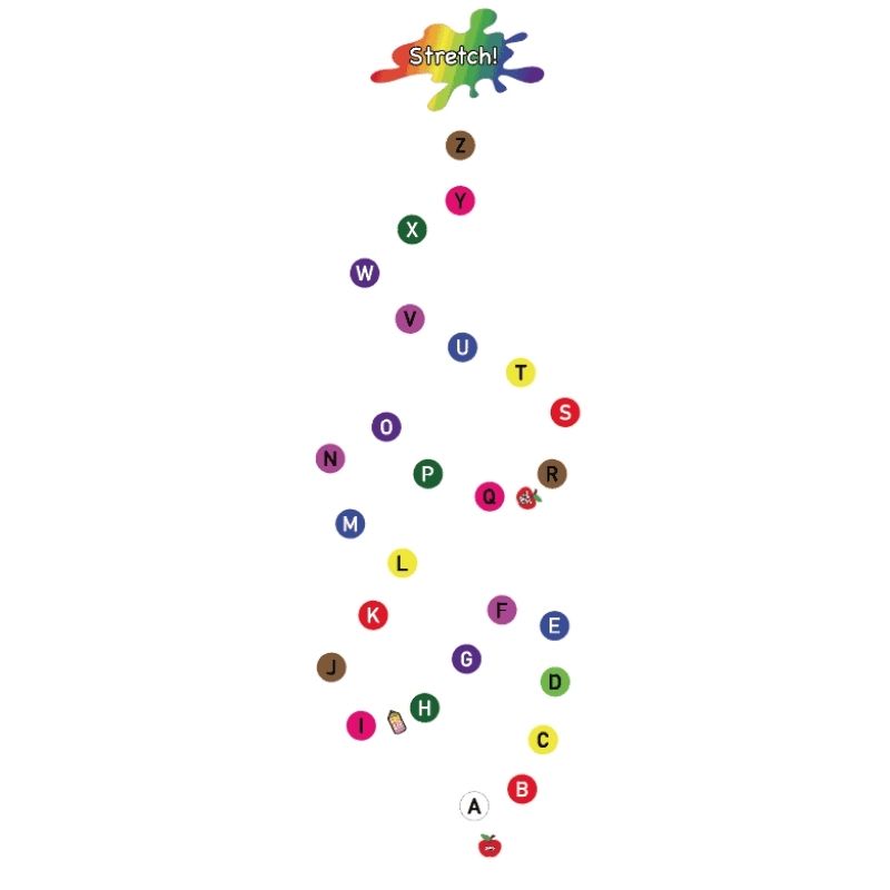 Alphabet letters station from the Sensory Paths Colour Your World Full Path showing the ABC sequence floor decals for early literacy sensory movement activities in kindergarten hallways