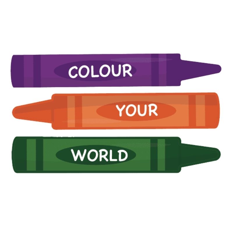 Sensory Paths Colour Your World Full Path showing three giant crayon balance stations with colour names, part of this Made in Canada 3M vinyl early learning sensory hallway path