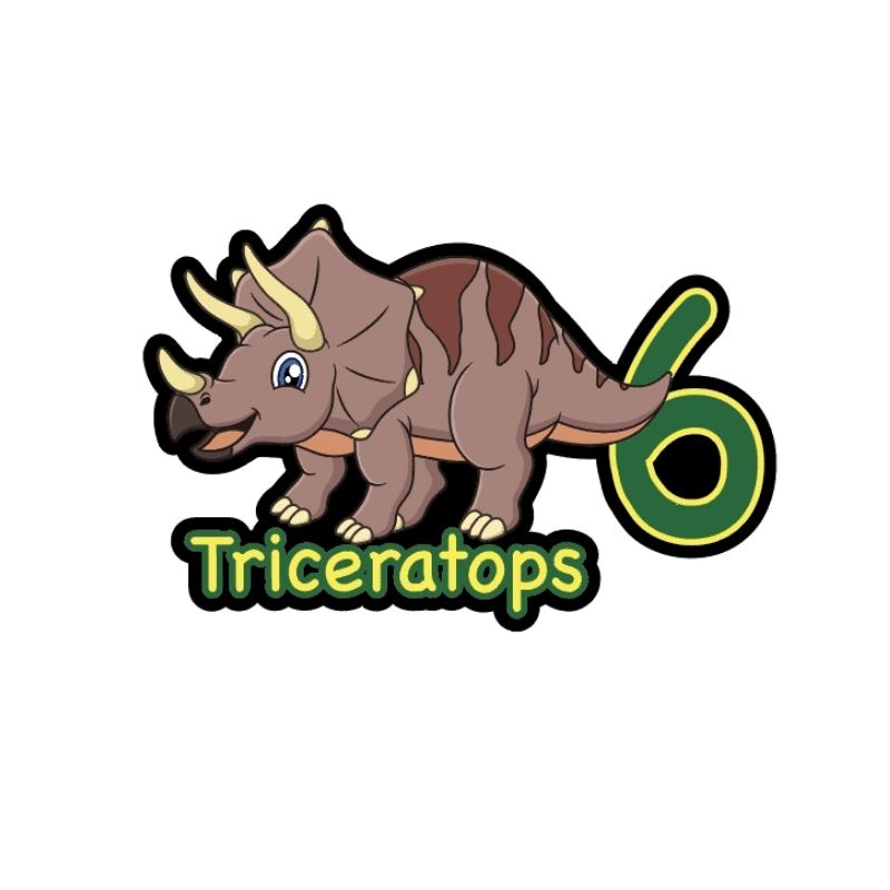 Triceratops station from the Sensory Paths Dino Adventure Full Path showing the vibrant dinosaur character 3M vinyl floor decal for gross motor and proprioceptive sensory activities