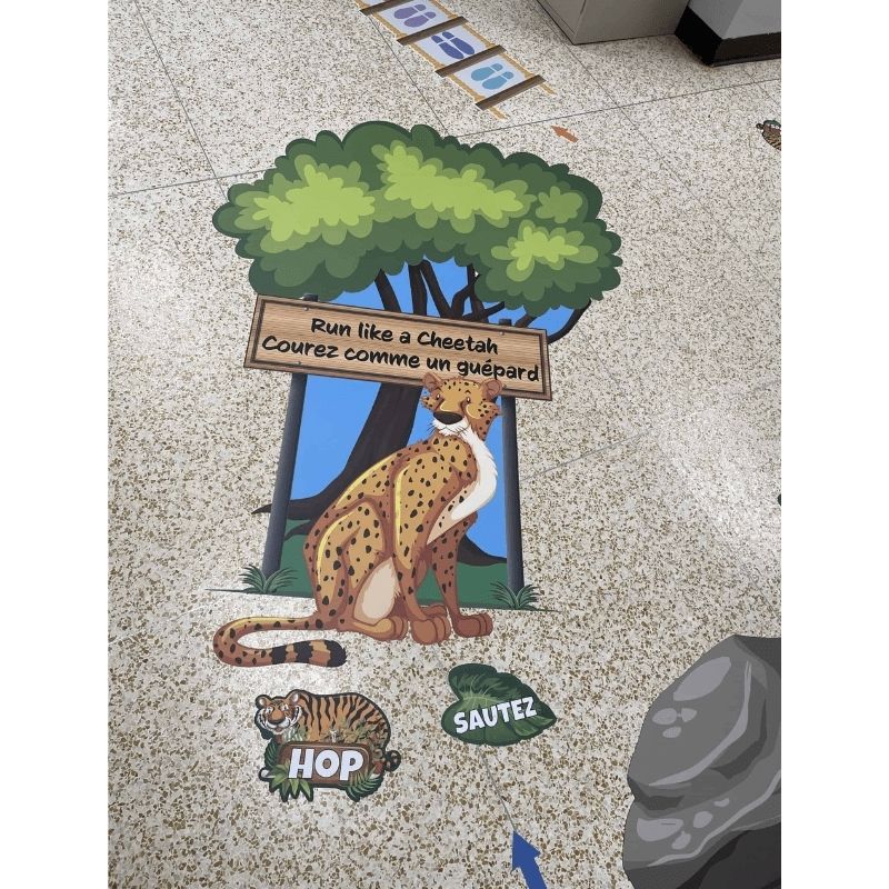 Cheetah station from the Sensory Paths Jungle Safari Full Path showing the run like a cheetah animal movement floor decal on 3M vinyl anti-skid laminate for school hallway sensory paths