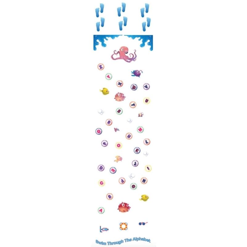 Sensory Paths Under the Sea Full Path midway and finish line elements including surfboard hopping and Alphabet Bubble Hopscotch floor decals
