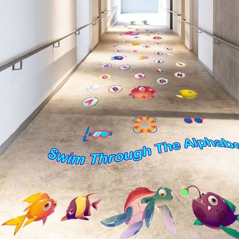 Sensory Paths Under the Sea Full Path installed in a school hallway showing the complete sensory movement path layout from start to finish