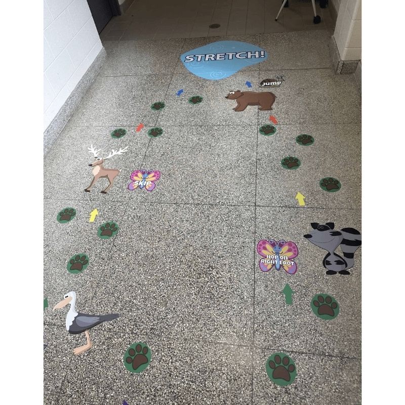 Sensory Paths Wild Wilderness Adventure second hallway configuration showing 3M vinyl floor decals installed along a school corridor