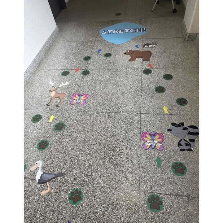 Sensory Paths Wild Wilderness Adventure second hallway configuration showing 3M vinyl floor decals installed along a school corridor