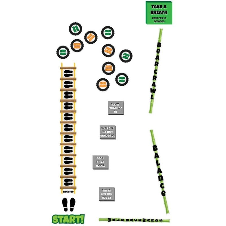 Sensory Paths Xtreme Obstacle starting point showing the foot steps, sidestep speed ladder, and tyre drill entry section of the active floor path