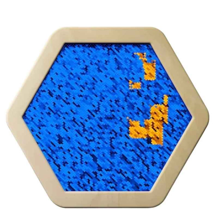 LiteZilla Sequin Flip Hexagon Panel in blue, with gold sequins partially flipped to form an irregular pattern near the top and lower right of this reversible sensory wall panel