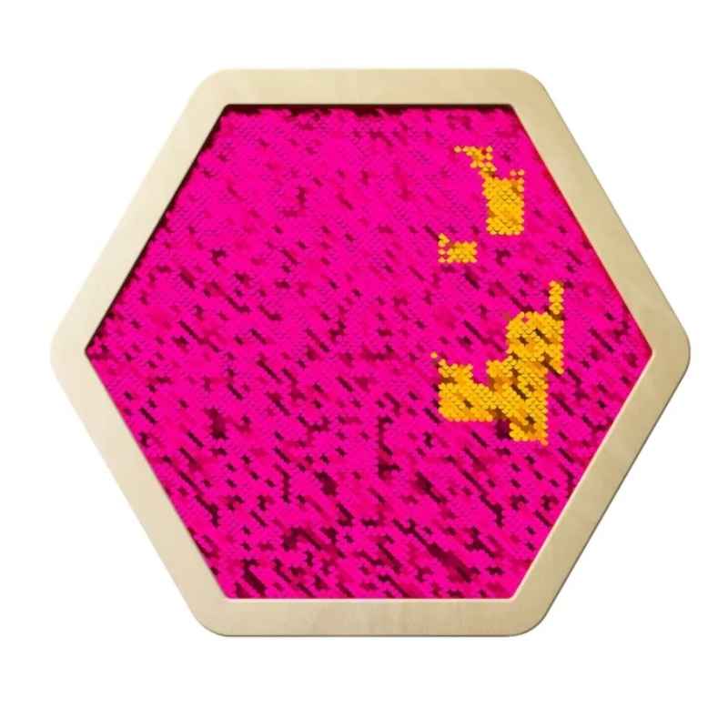 LiteZilla Sequin Flip Hexagon Panel in pink, with gold sequins partially flipped to reveal a pattern on this sensory wall panel