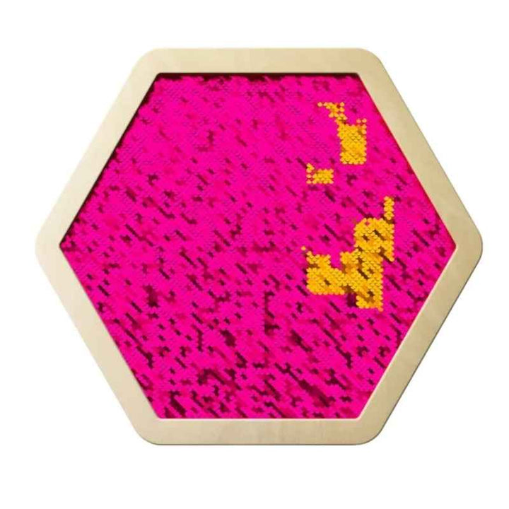 LiteZilla Sequin Flip Hexagon Panel in pink, with gold sequins partially flipped to reveal a pattern on this sensory wall panel