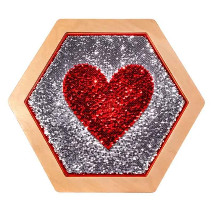 LiteZilla Sequin Flip Hexagon Panel in red, showing a silver heart flipped into this interactive sensory wall panel