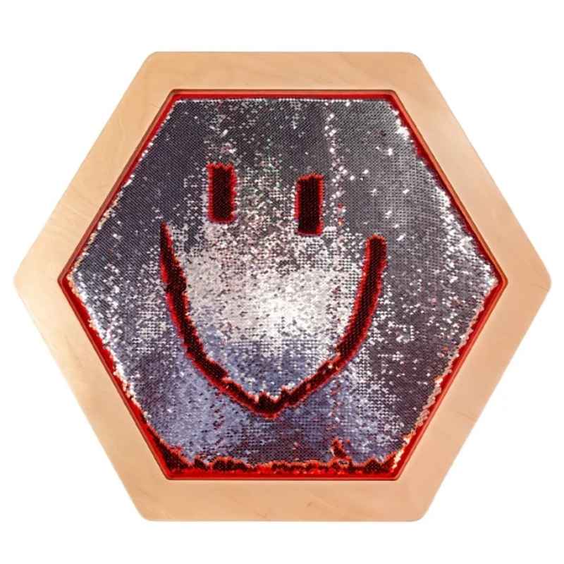 LiteZilla Sequin Flip Hexagon Panel in red, showing a silver smiley face flipped into the sequin wall panel