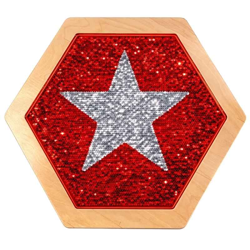 LiteZilla Sequin Flip Hexagon Panel in red, showing a silver star flipped into the reversible sequin sensory wall panel