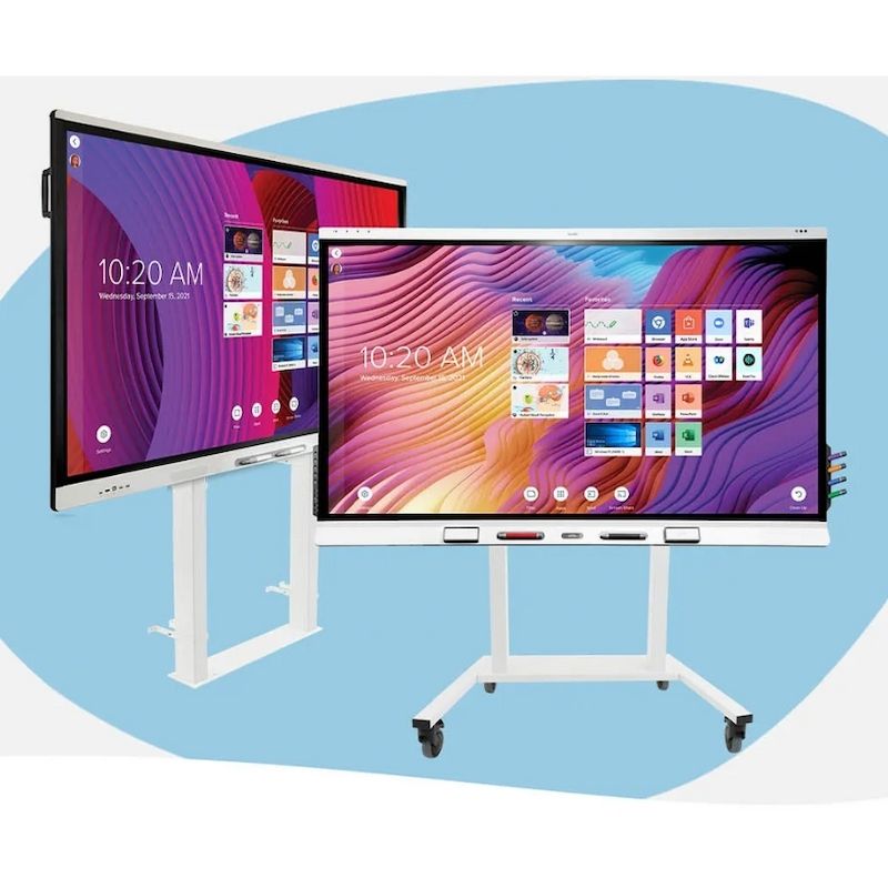 SMART FSE-510-W electric mobile SMART Board stand in landscape orientation, showing locking rear cabinet and industrial-grade casters for school and clinic environments