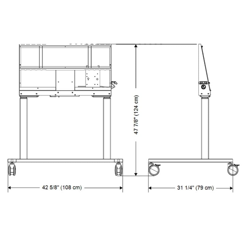 Technical dimension diagram for the SMART Technologies FSE-510-W electric height adjustable mobile floor stand showing height adjustment range and footprint measurements