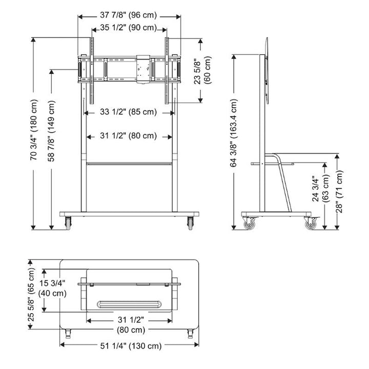 SMART HD Mobile Stand for SMART Boards technical dimension diagram showing 27.5 by 62 by 6.375 inch measurements, compatible with the current SMART Board interactive display line