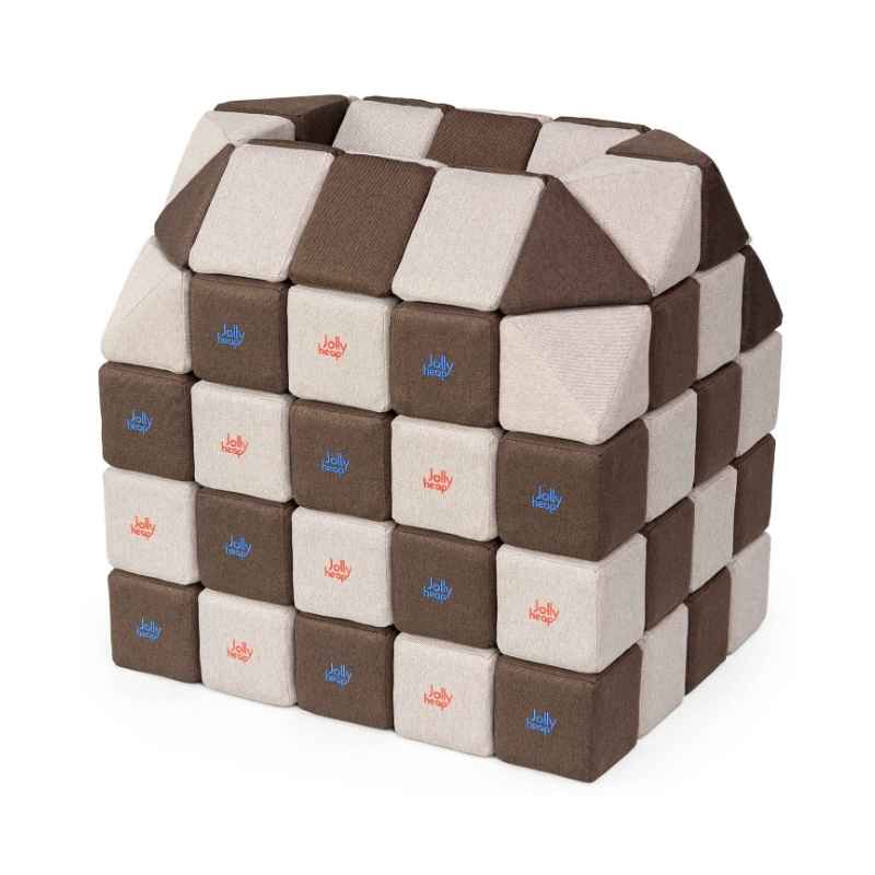A small structure built with JollyHeap Creative Set soft magnetic blocks in a dark brown and grey colour combination, one of 36 available colourways