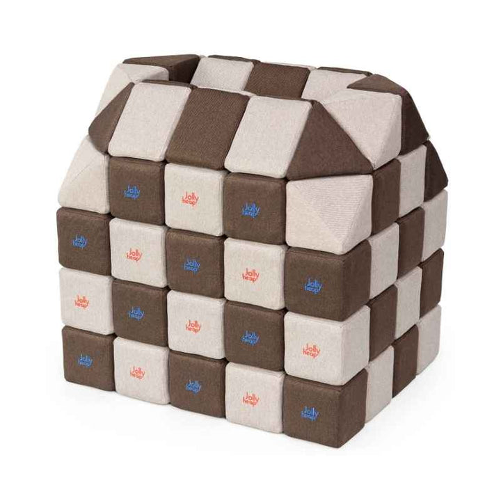 A small structure built with JollyHeap Creative Set soft magnetic blocks in a dark brown and grey colour combination, one of 36 available colourways