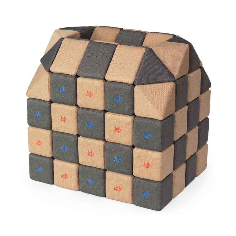 A small structure built with JollyHeap Creative Set soft magnetic blocks in a dark grey and light brown colour combination