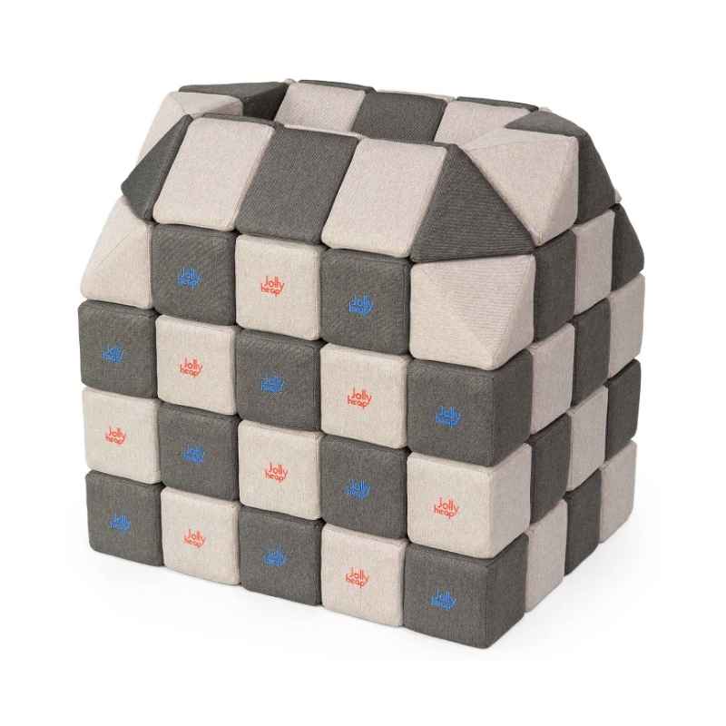A small structure built with JollyHeap Creative Set soft magnetic blocks in a dark grey and grey colour combination