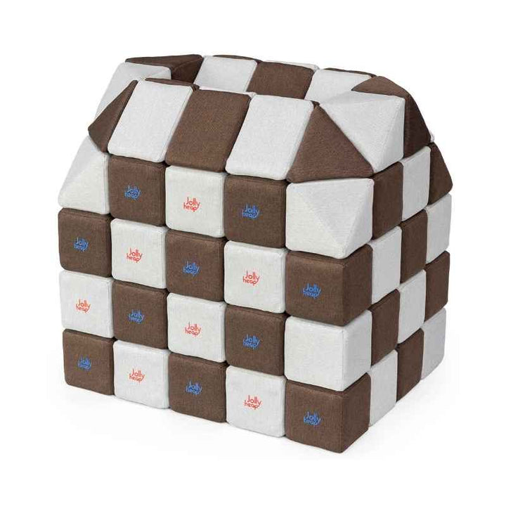 A small structure built with JollyHeap Creative Set soft magnetic blocks in a light grey and dark brown colour combination, one of 36 available colourways