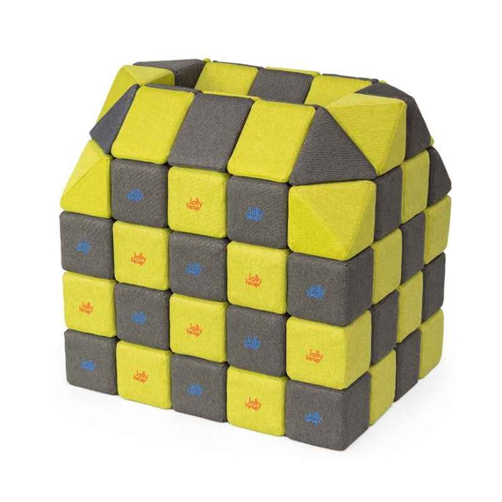 A small structure built with JollyHeap Creative Set soft magnetic blocks in a lime green and dark grey colour combination