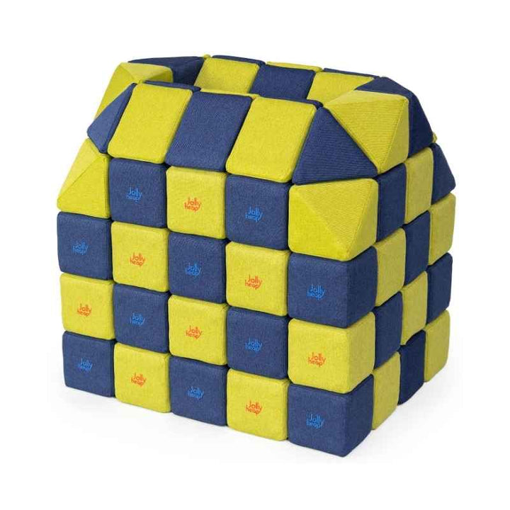 A small structure built with JollyHeap Creative Set soft magnetic blocks in a lime green and blue colour combination
