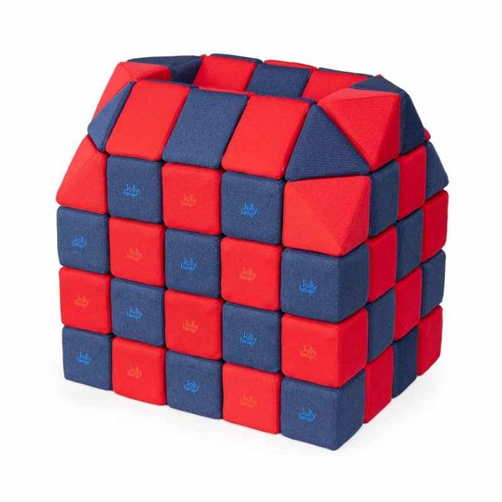 A small structure built with JollyHeap Creative Set soft magnetic blocks in a red and blue colour combination