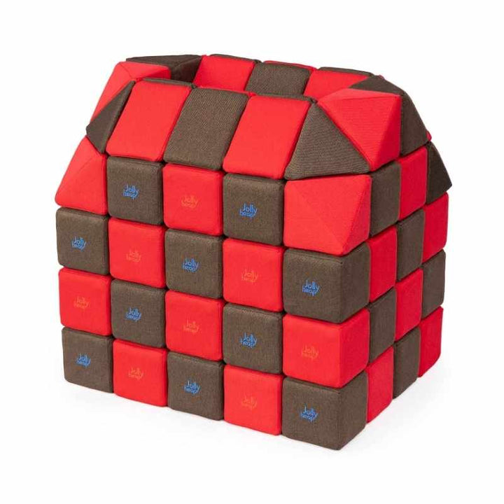 A small structure built with JollyHeap Creative Set soft magnetic blocks in a red and dark brown colour combination