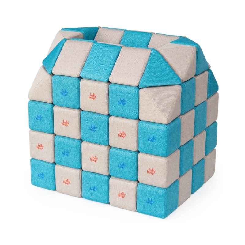 A small structure built with JollyHeap Creative Set soft magnetic blocks in a turquoiseand grey colour combination, one of 36 available colourways
