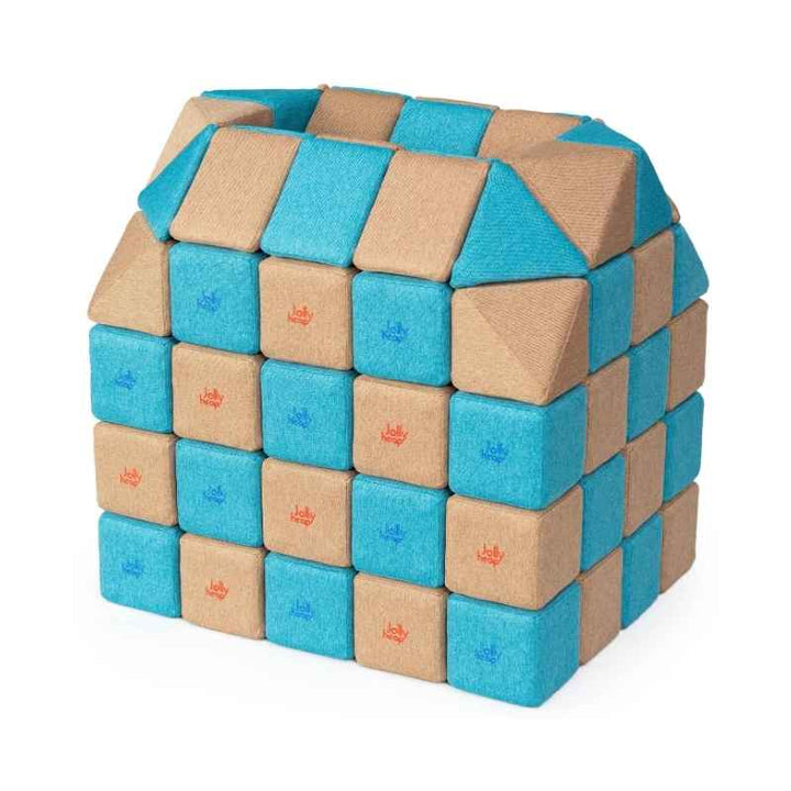 A small structure built with JollyHeap Creative Set soft magnetic blocks in a  turquoise and light brown colour combination