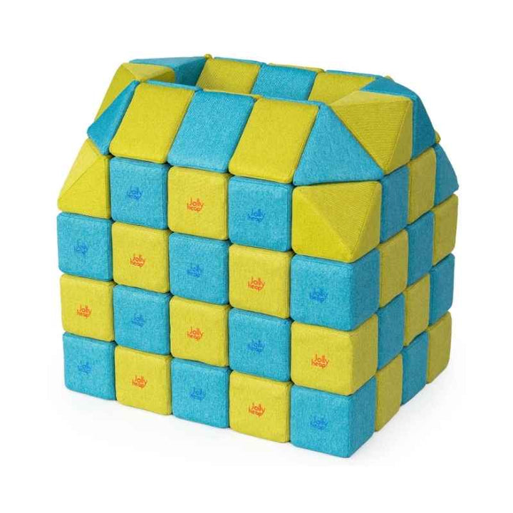 A small structure built with JollyHeap Creative Set soft magnetic blocks in a turquoise and lime green colour combination